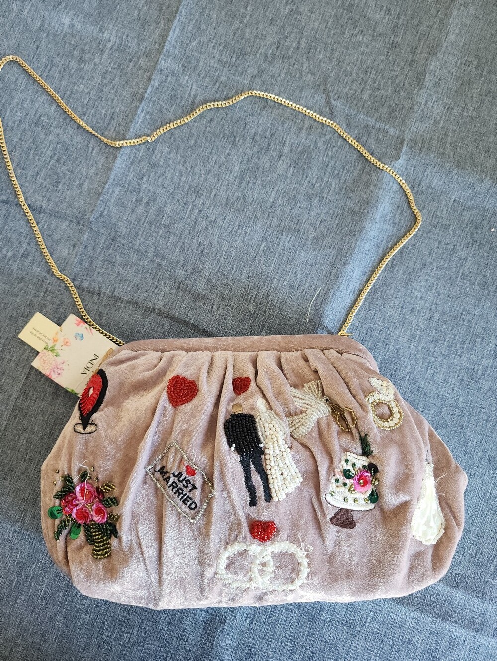 Embroidered Velvet Just Married Crossbody Bag in Blush Pink NWT